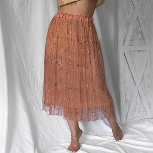 Romantic coquette embroidered midi skirt in dusty rose